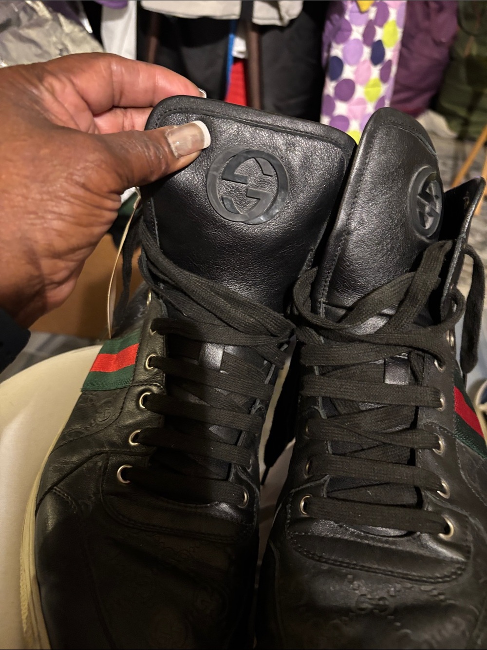 Gucci Black High-Top Leather Sneakers with Red & Green Web Code#221825 14 G